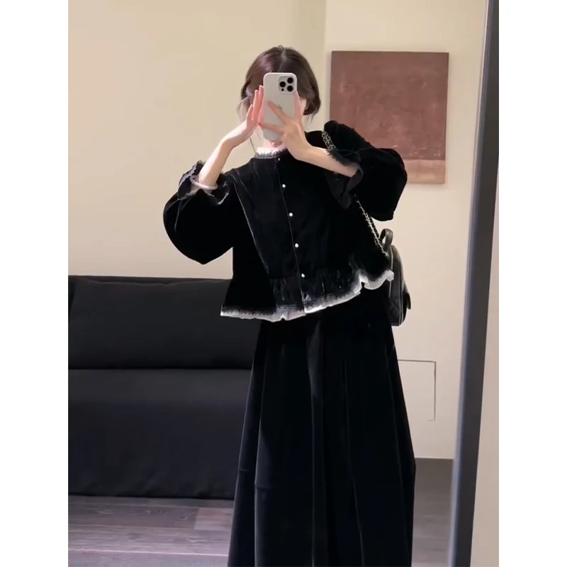 2025秋季新款女法式气质宽松花边长袖开衫百搭高腰显瘦A字半身裙