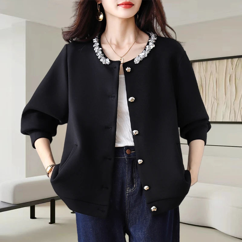 法式圆领钉珠百搭大码外套女士2025秋冬新款时尚减龄休闲显瘦上衣