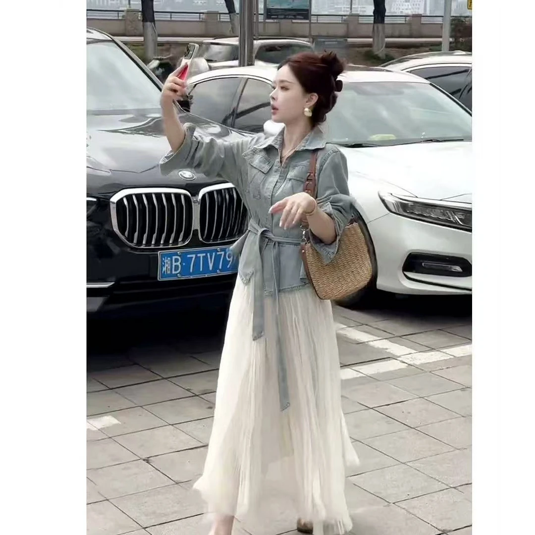 "悉尼海岸"港风复古正肩修身收腰牛仔外套+半裙女一套设计感5931