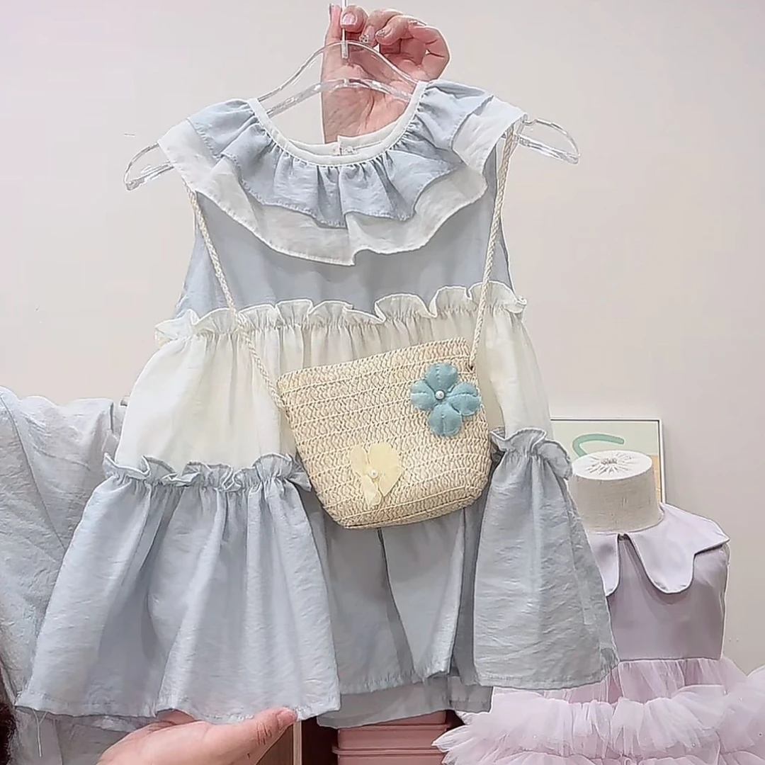 {花卷卷}2025夏季女童拼色翻领蛋糕连衣裙（带包包）25055
