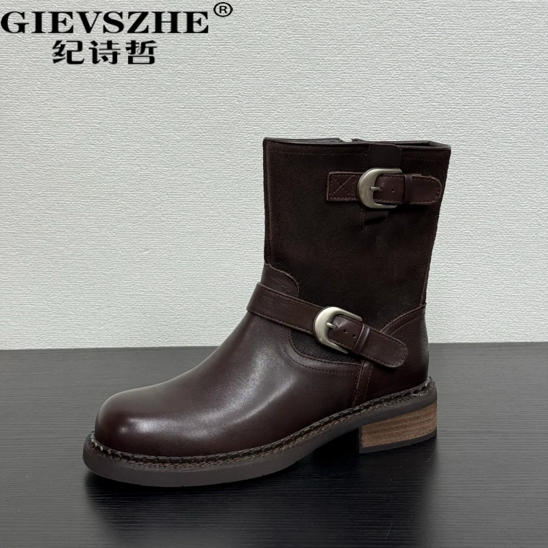 纪诗哲女靴真皮英伦风马丁靴女冬季新款复古厚底粗跟中筒靴女款