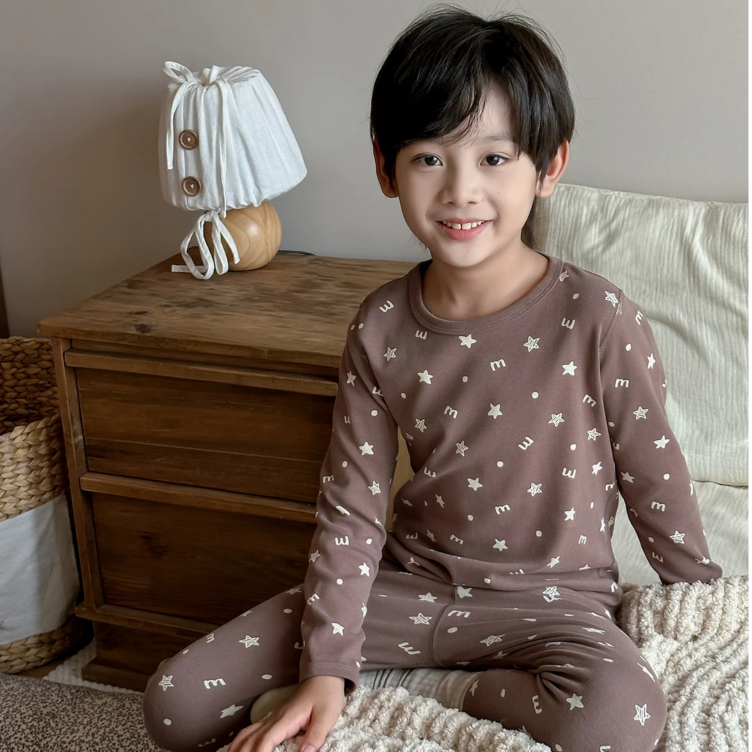 泡妈童装  秋冬季新款儿童男童女童保暖家居服套装110-54