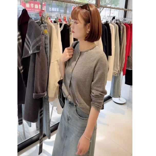 春款小香毛边单排扣圆领针织开衫