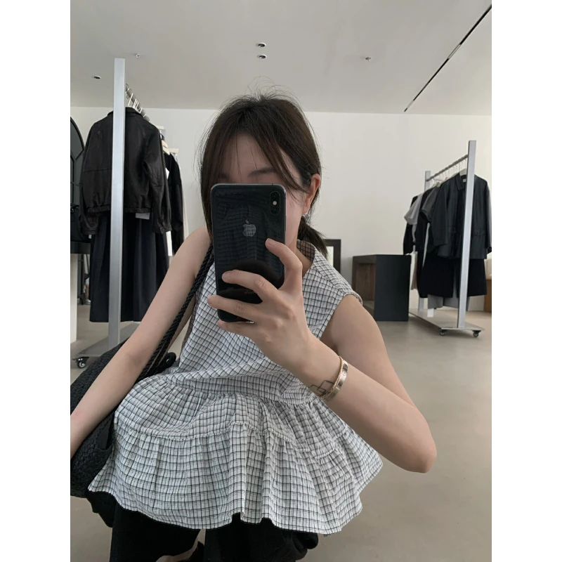 2025夏季新款韩系简约时尚百搭显瘦气质舒适格子吊带背心上衣女