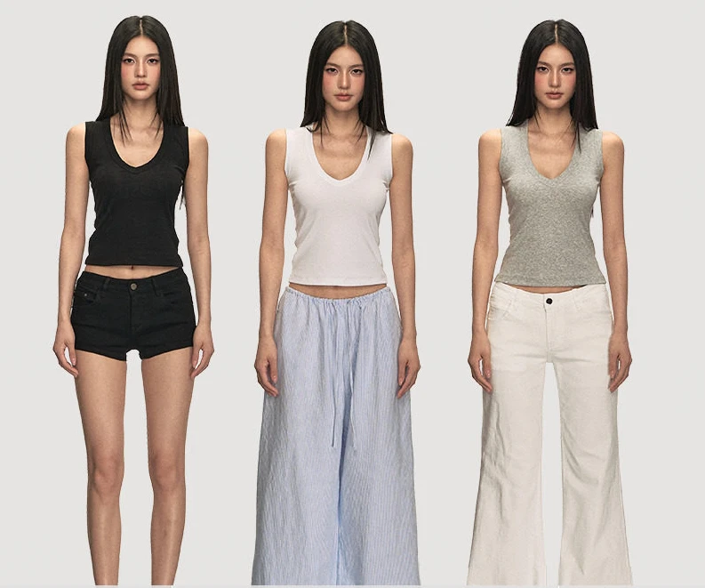 anna aneae正肩弹力袖深V背心吊带女外穿夏季修身工字短款上衣