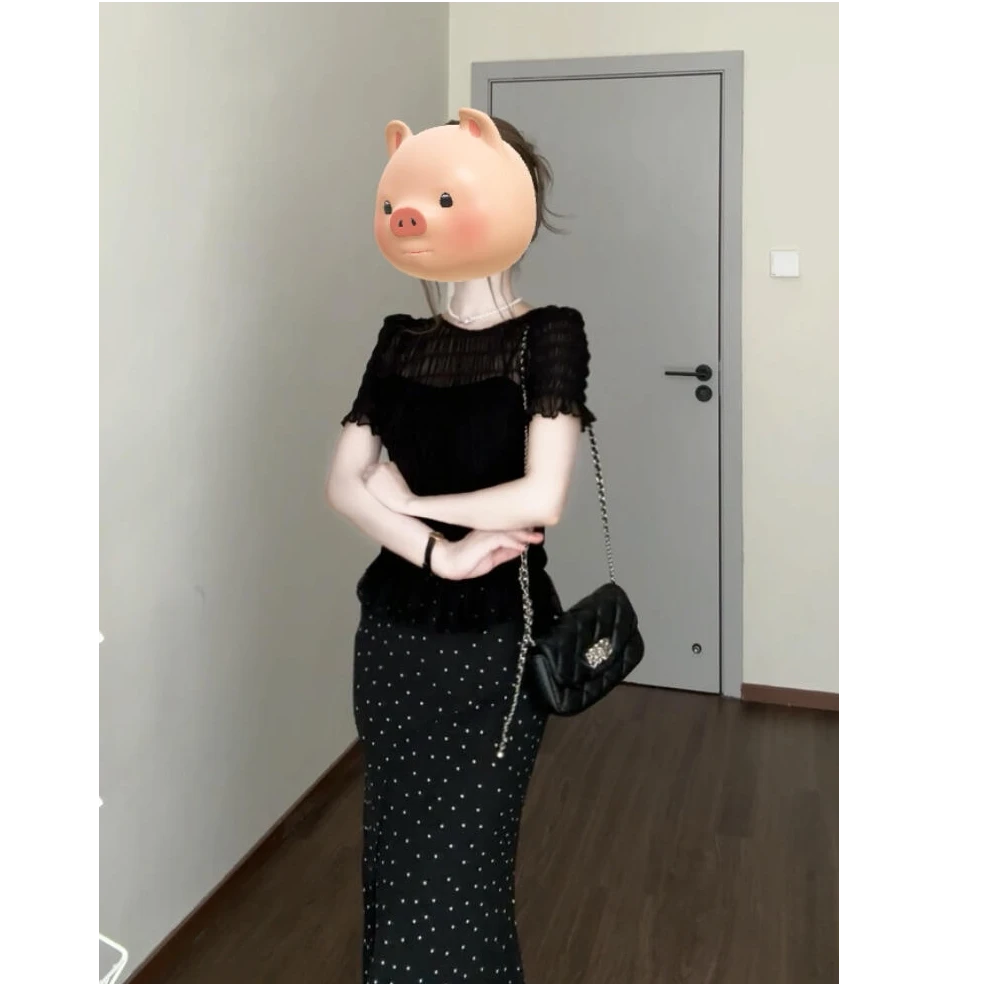 MARIE.COCO法式露背镂空短袖上衣半身裙套装女气质高级感两件套