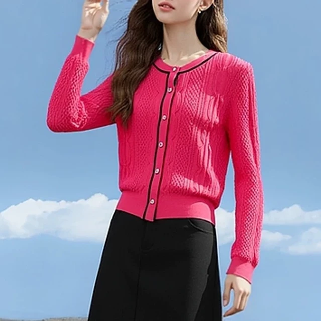 F4238-【摩】时髦撞色绞花圆领针织开衫#XMF57C013