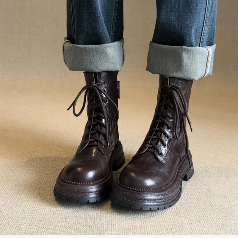 牛皮版厚底冬季马丁靴女2025秋冬新款小个子英伦风酷飒系带短靴