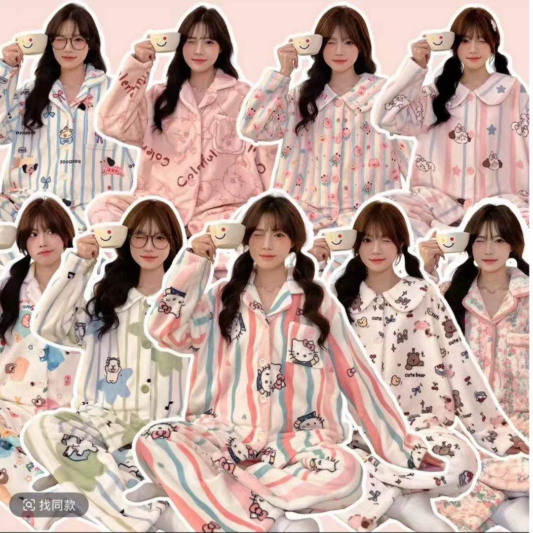 【三号链接】卡通秋冬季法兰绒款新款睡衣女两件套装加绒保暖家居服