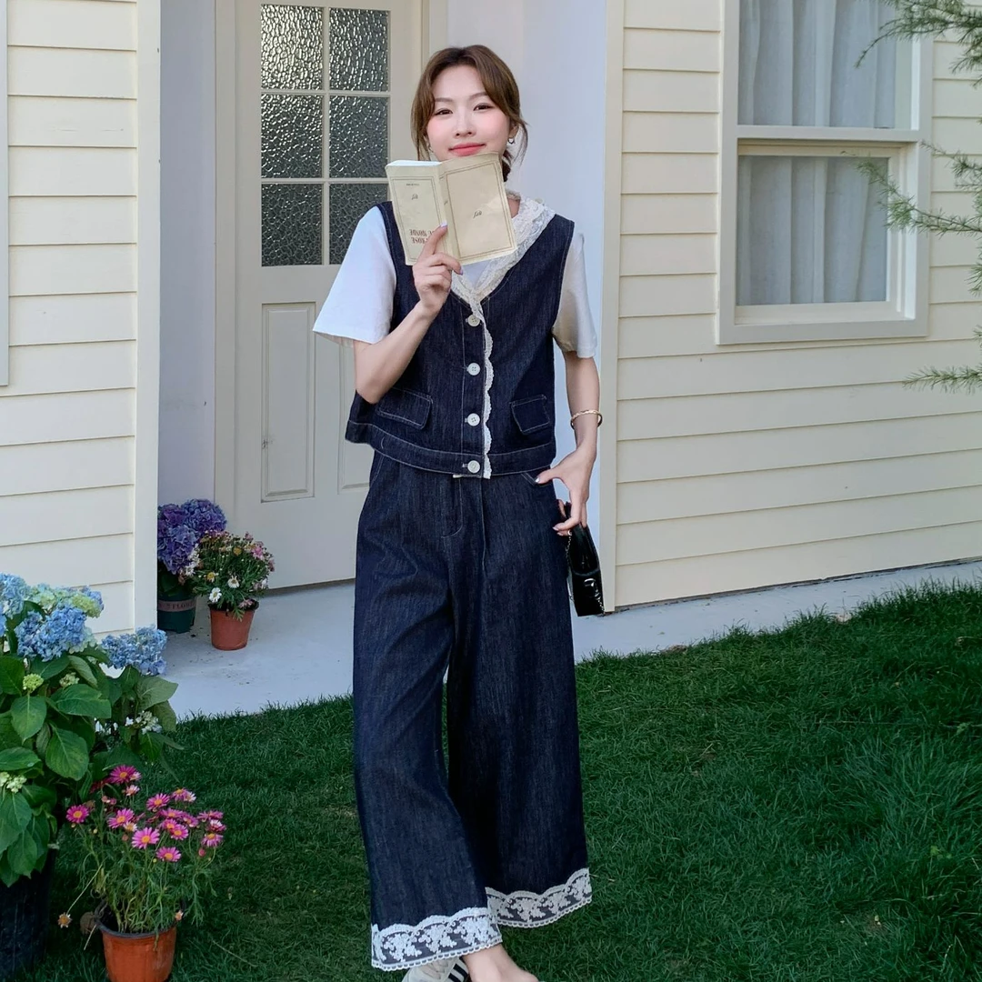 深蓝色盐甜系穿搭牛仔马甲套装女夏新款韩系宽松T恤小众女装夏季