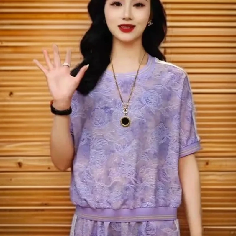 2025夏季爆款女紫色短袖T恤配阔腿裤印花两件套显瘦潮
