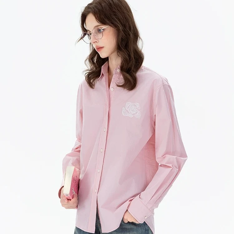 MARDI/玛尔帝玫瑰刺绣休闲宽松长袖衬衫简约时尚百搭小众设计感