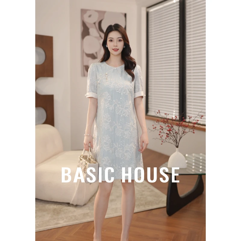 Basic House/百家好夏季新款极简风斜襟改良式旗袍连衣裙B5R192
