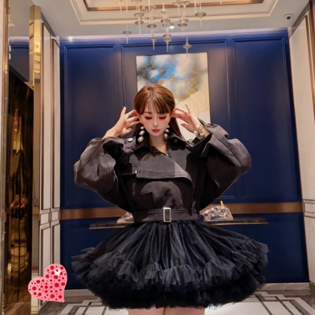 0045【熙妮潮牌】潮牌设计师私人定制牛仔外套休闲宽松拼纱裙气质