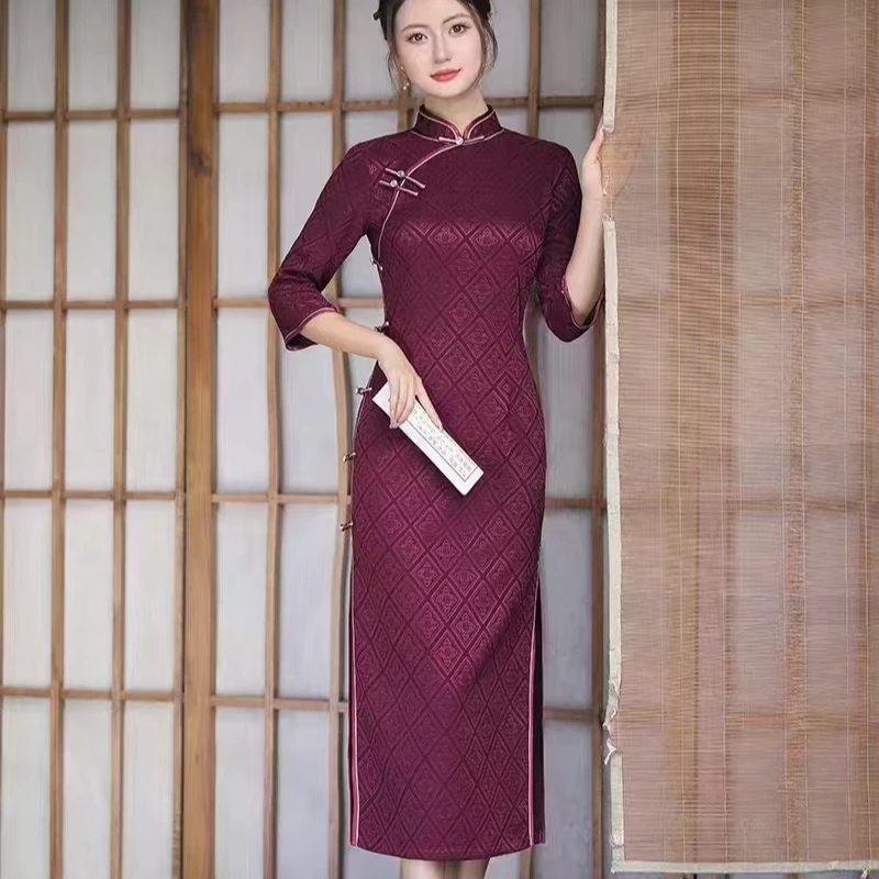 日常圆领民族风旗袍经典时尚显瘦牡丹紫色走秀ins复古