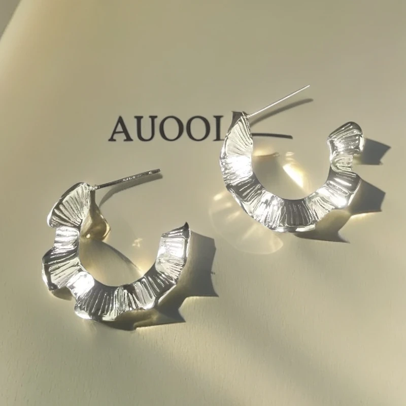 AUOOI 铜合金耳饰 ins风欧美蕾丝花边褶皱几何耳圈
