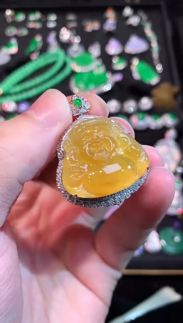 吊坠(赠链)18K金镶嵌翡翠冰糖黄财神吊坠