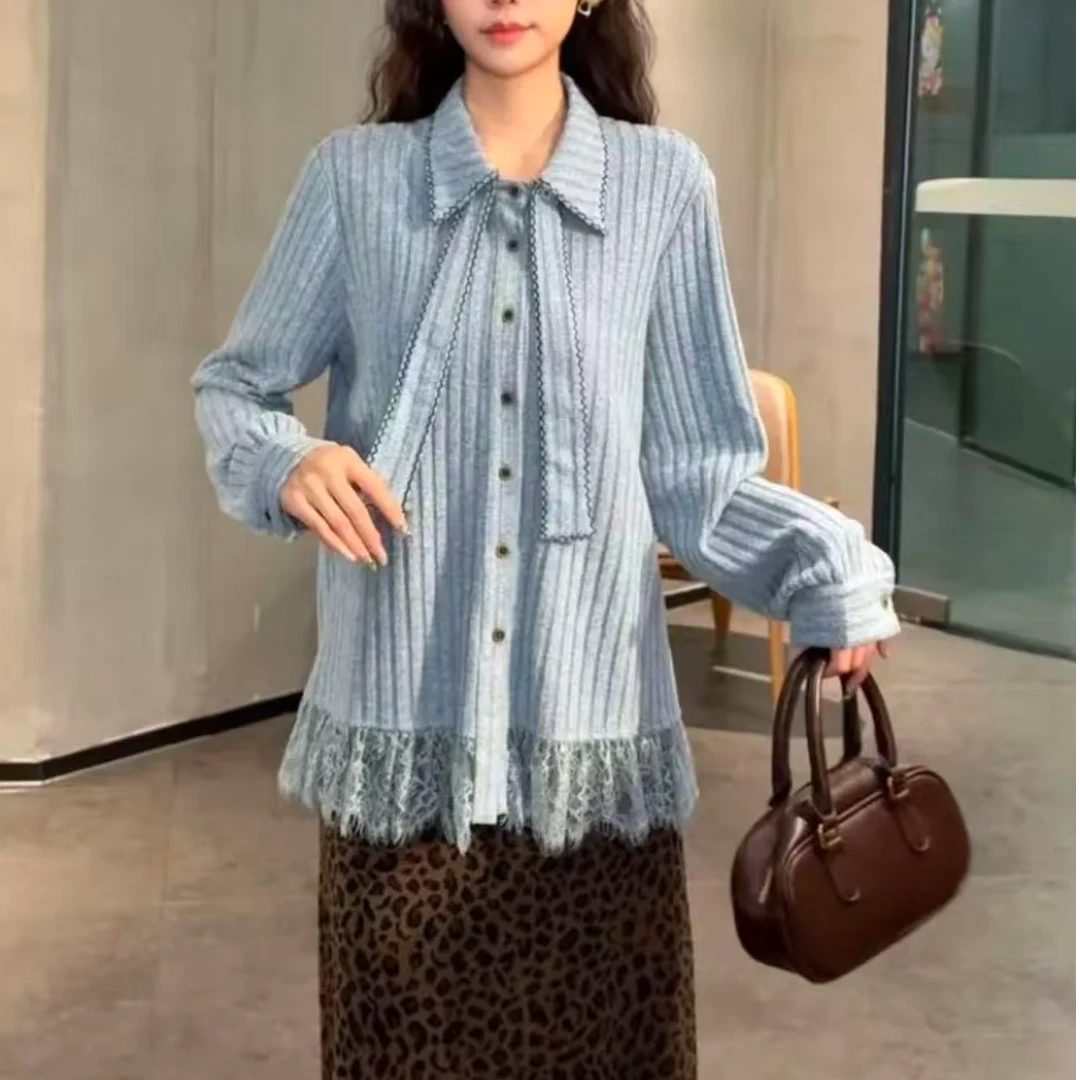 大女子胖妹妹蝴蝶结条纹蕾丝长袖中长款蕾丝衫短款轻奢重工223