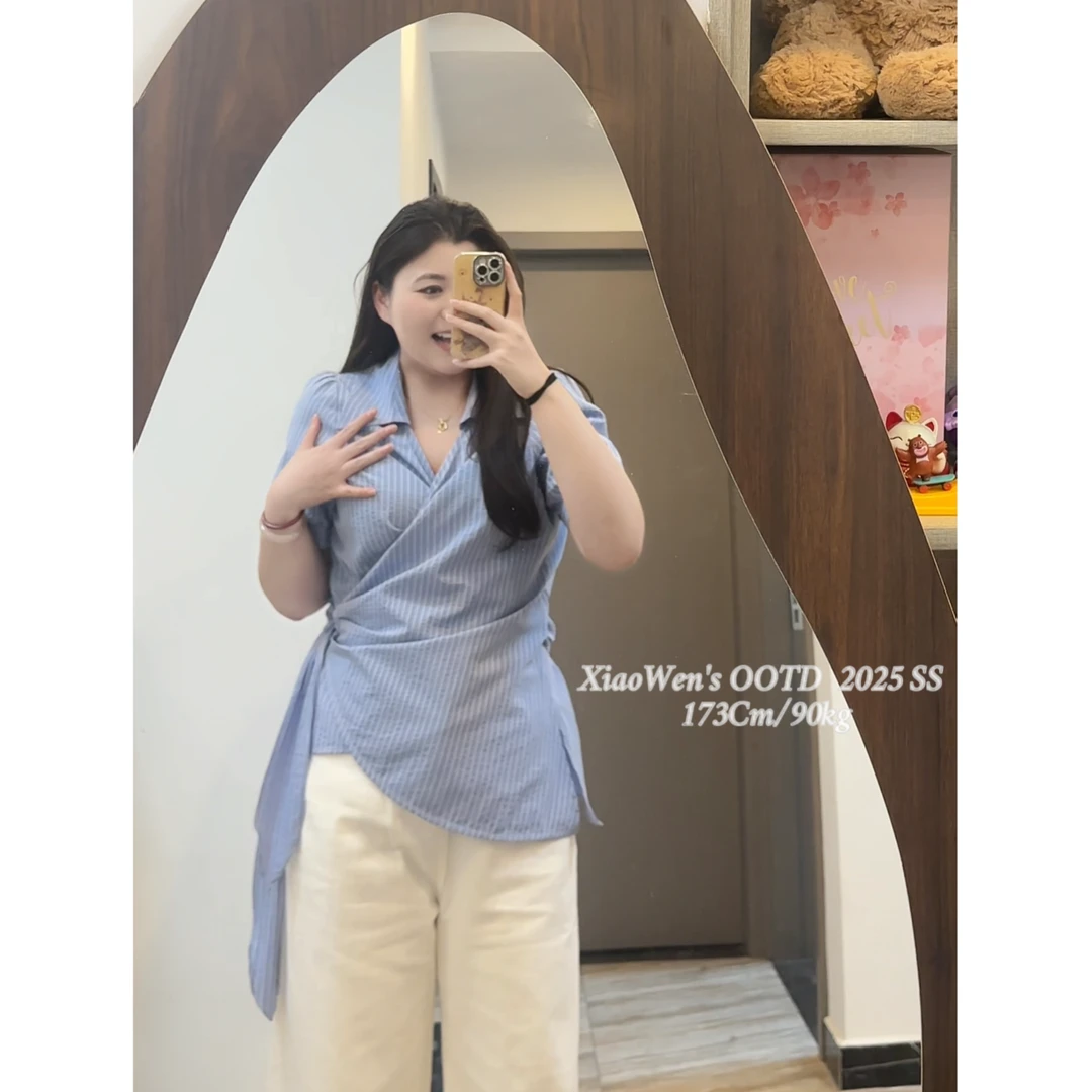 现货【小稳专属】韩系设计感条纹短袖收腰绑带衬衫5100