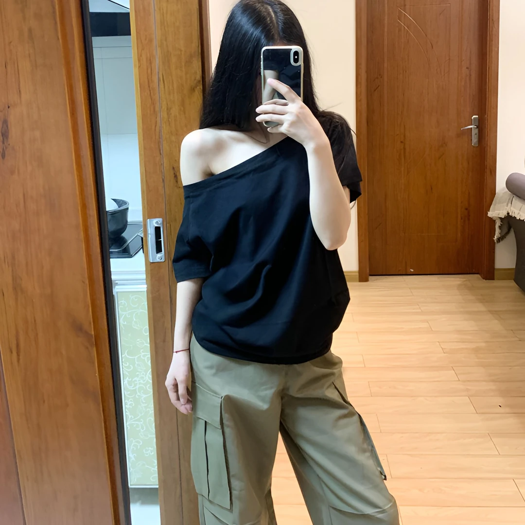 纯欲辣妹斜领露肩短袖T恤女夏季新款美式高街宽松显瘦百搭上衣服