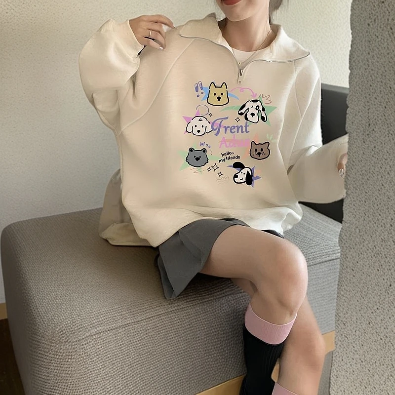 慵懒风宽松休闲套头卫衣女半拉链设计秋冬洋气减龄可爱印花上衣潮