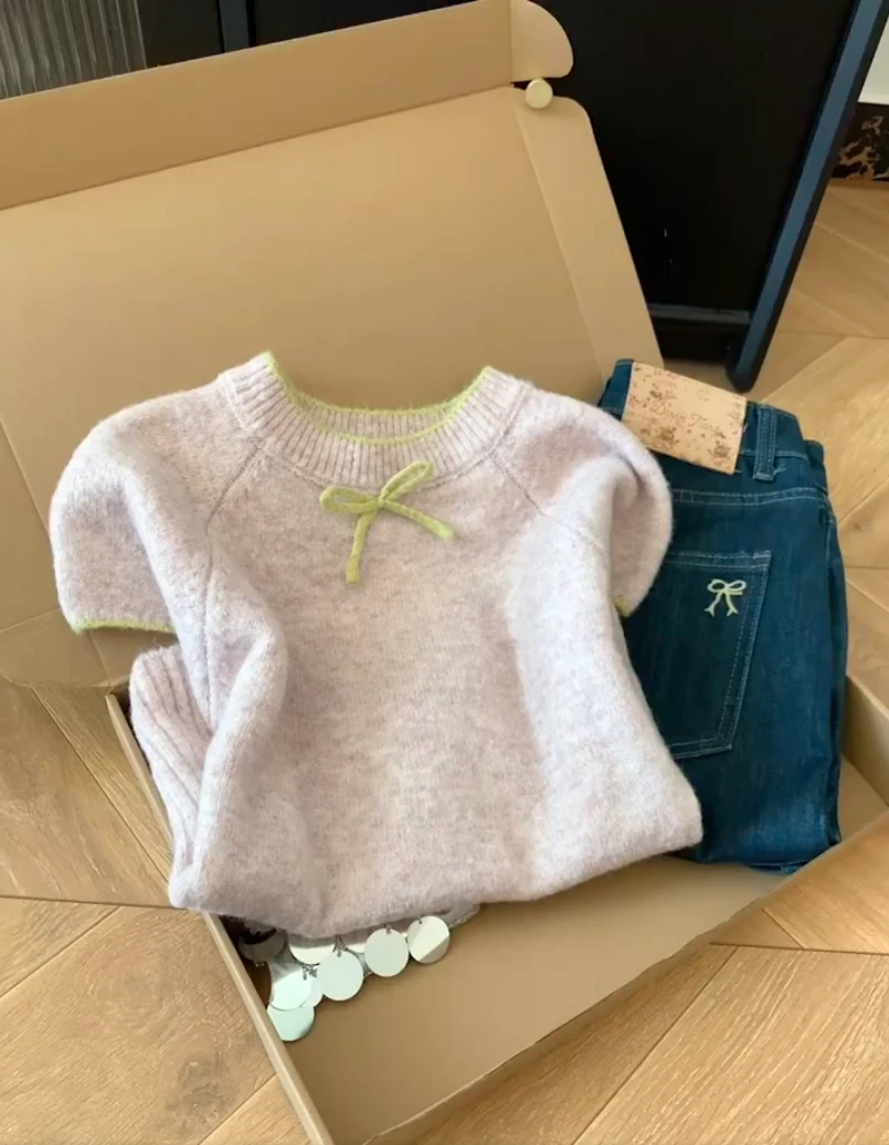 2025新款小香风粉色针织短袖t恤毛衣女士短款韩系早秋穿搭上衣