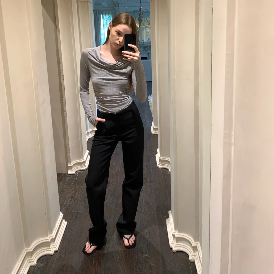 （黑色版）BUZHOU 24AW"极简女王"黑色无弹低腰直筒堆叠长款西裤