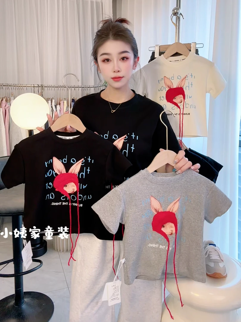 2025年亲子夏季时尚百搭休闲卡通兔头小红帽印花短袖T恤女上衣