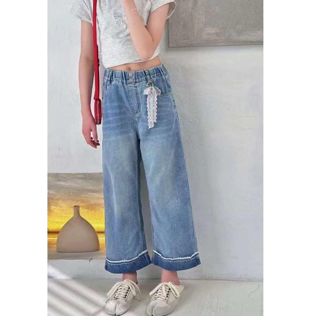 【haobaby】蕾丝蝴蝶结挂件牛仔卷边直筒裤7622