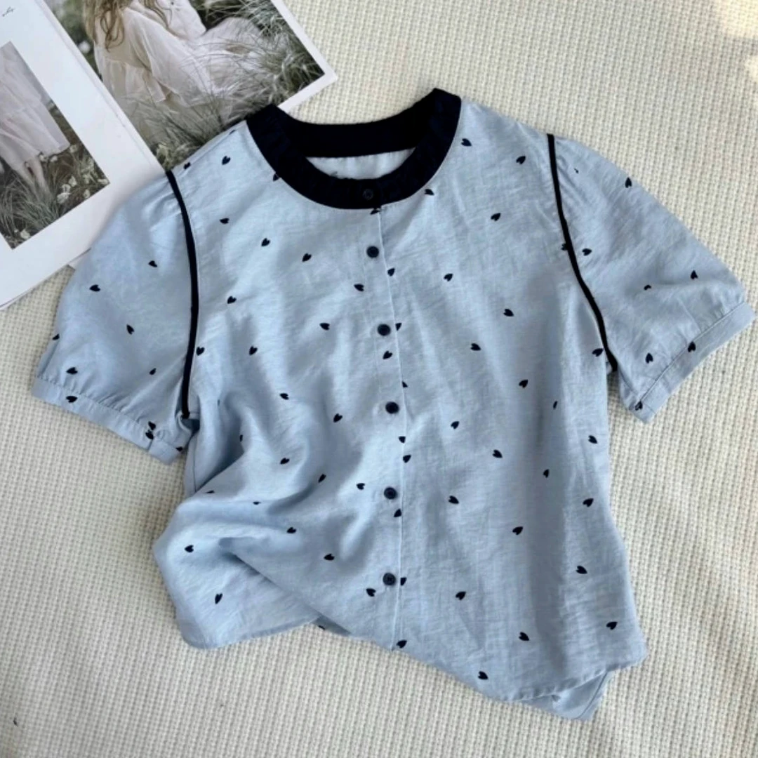 设计感爱心拼色圆领短袖衬衫女2025夏季新款韩版百搭修身显瘦衬衣