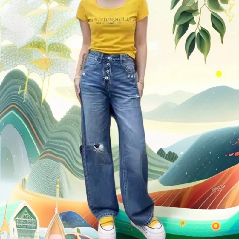大码小个子破洞牛仔裤女夏季薄款胖mm梨形显瘦宽松阔腿窄版直筒裤