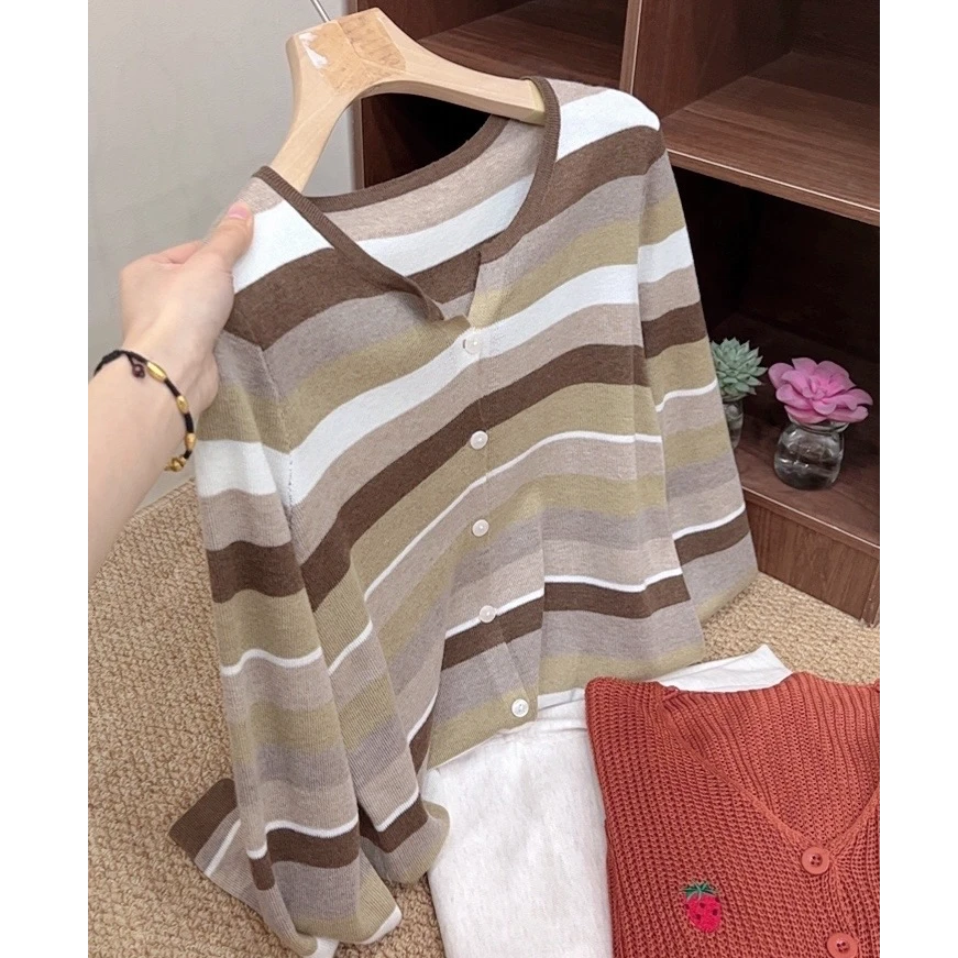 浮力款！【咖条剪刀领】时尚休闲显瘦拼色条纹长袖针织开衫 XO-015