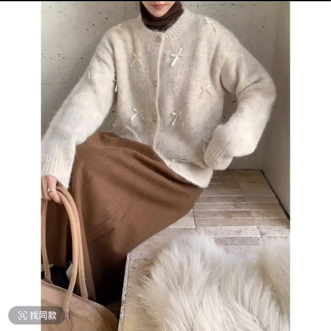 琦琦子 A3820# 东大门韩版杏色气质蝴蝶结毛毛小香风外套