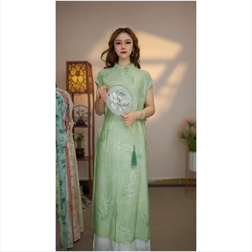 绣麻【竹烟波】月亮袖110新款夏季女装连衣裙新中式气质百搭显瘦