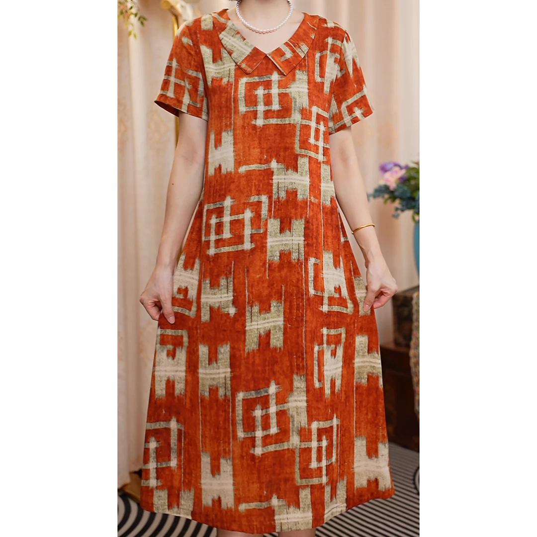 【A橘红色字母娃娃领】夏季大码连衣裙短袖时尚中老年妈妈显瘦宽松