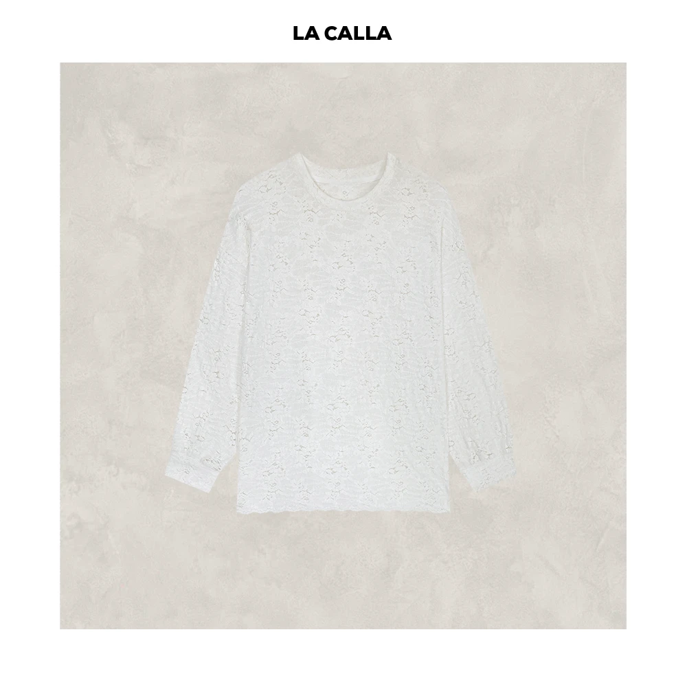 LA CALLA镂空毛衣白色气质休闲百搭蕾丝长袖上衣YY1921