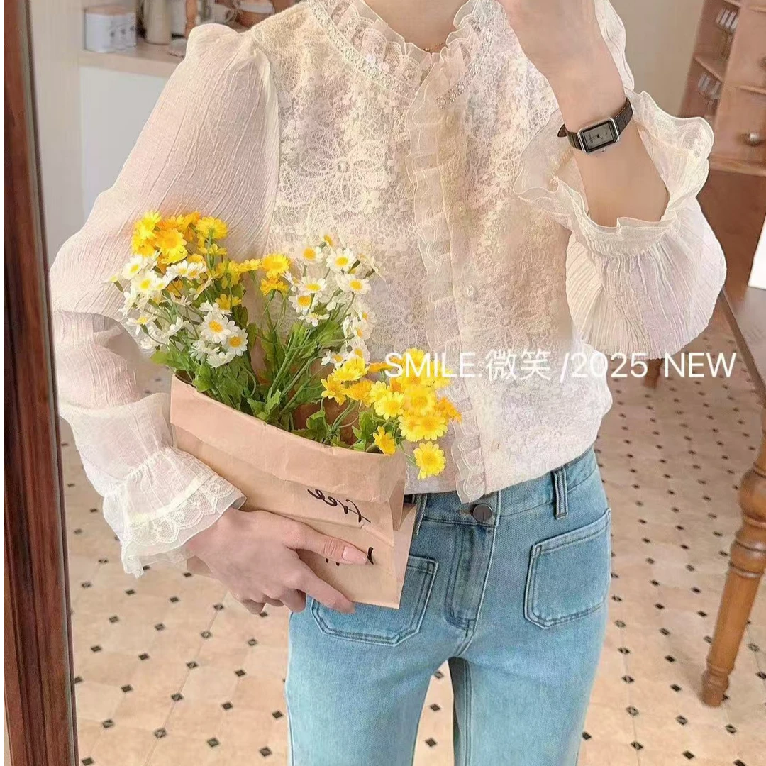 荷叶领长袖中长款常规蕾丝衬衫气质打底衫小衫百搭拼接镂空