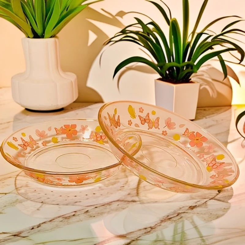 2只樱花蝴蝶印花盘子玻璃装菜