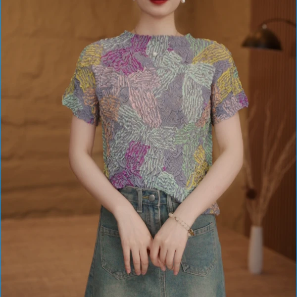 ZZM新款气质褶皱显瘦手工肌理感气质夏款洋气时尚上衣透气T恤夏季