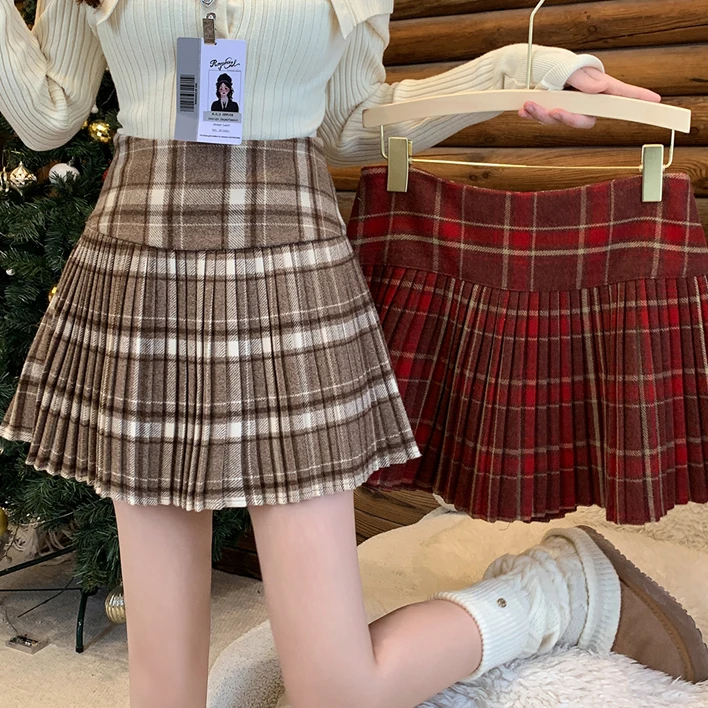 【新年新衣】秋冬胖mm大码女英伦格子学院风高腰百褶裙高腰半身裙