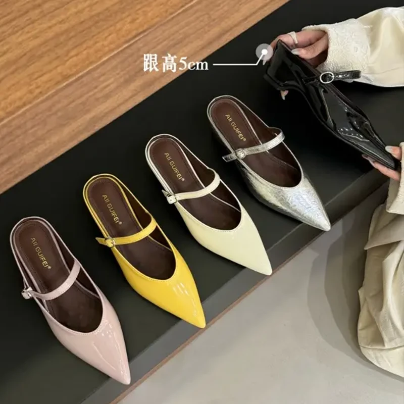 法式尖头一字扣带包头半拖鞋女外穿气质时尚百搭女鞋半拖