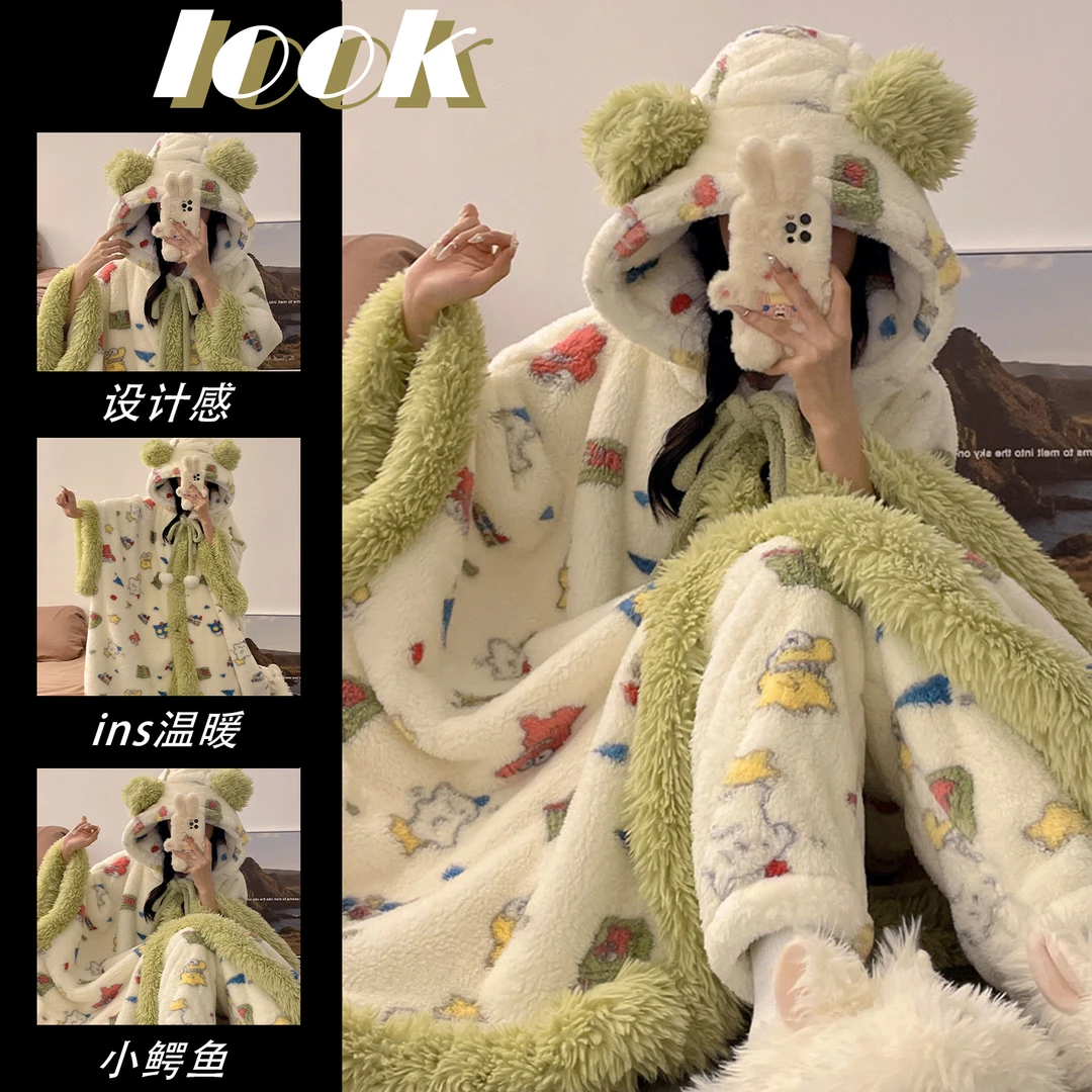 睡衣女秋冬蜡笔小新斗篷睡袍情侣睡衣加厚卡通珊瑚绒学生家居服