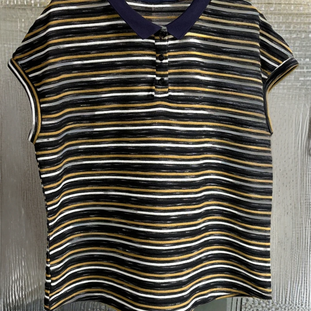 耐磨T恤ol褶皱圆领藏青色条纹短袖条纹夏季修身T恤