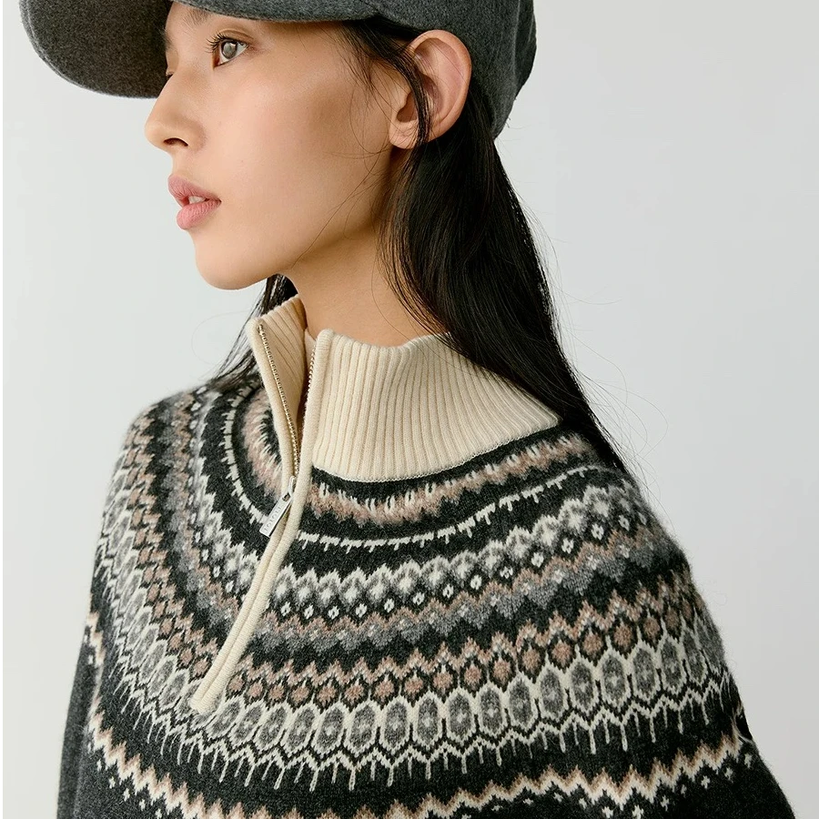 小禾风费尔岛提花半拉链毛衣女秋冬100羊毛复古慵懒风针织衫上衣