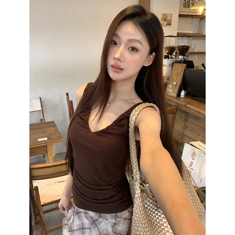 【长岛冰茶背心】夏季复古辣妹风V领吊带通勤短款无袖背心252V1413#