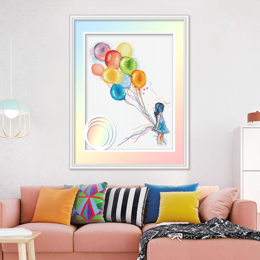 ks十字绣气球与女孩新款自己绣手工棉线套件清新印花客厅卧室挂画