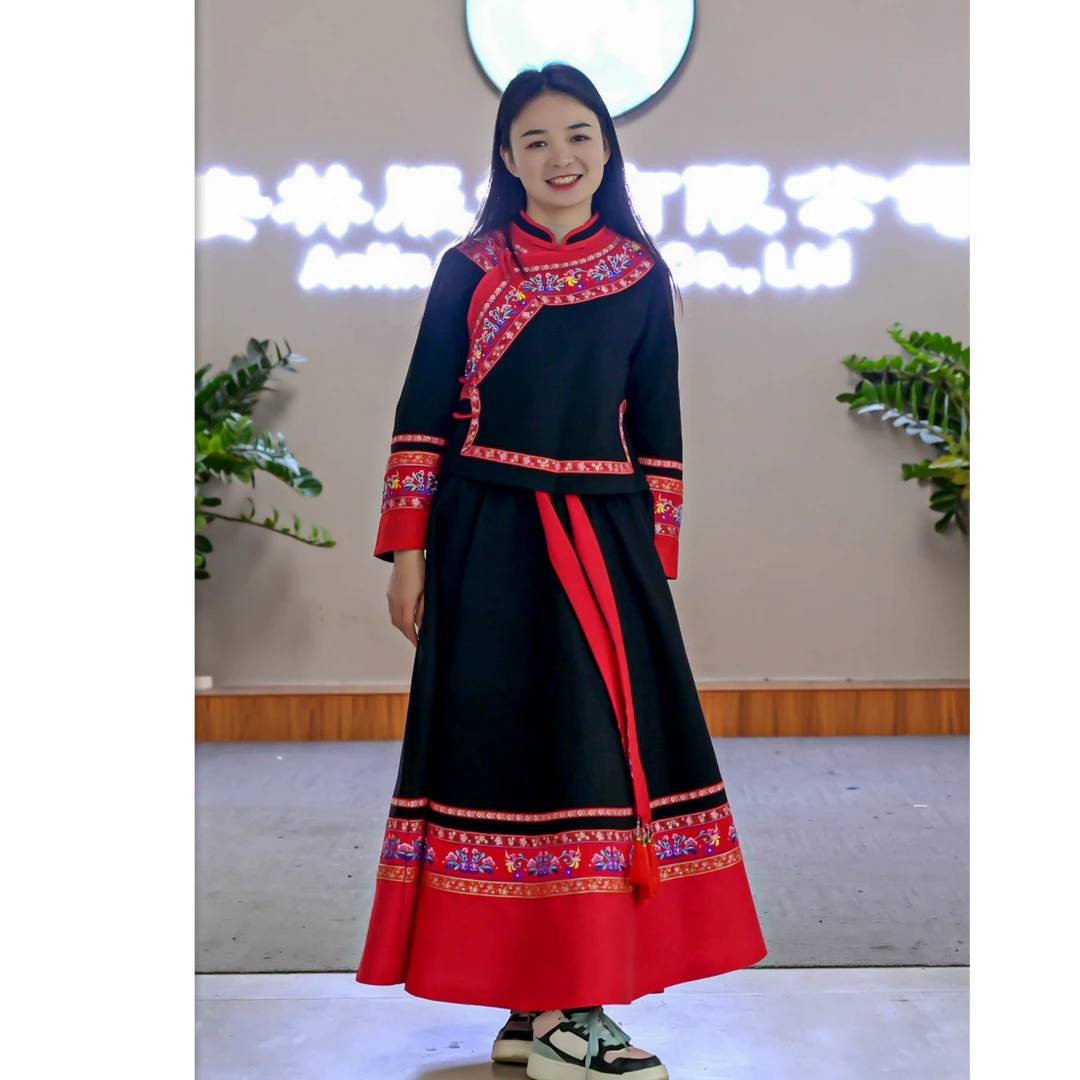 大摆裙裙子土布面料重工刺绣款壮族布依族服装长袖民族风女装