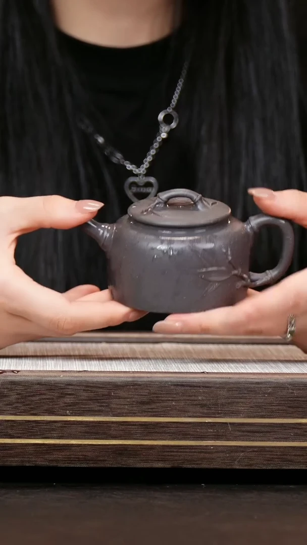 茶壶紫砂天青泥 气窑  竹韵壶