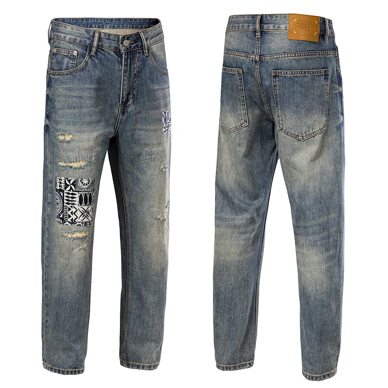 秋冬季潮牌美式高街复古宽松直筒青年破洞补丁贴布牛仔裤男士长裤