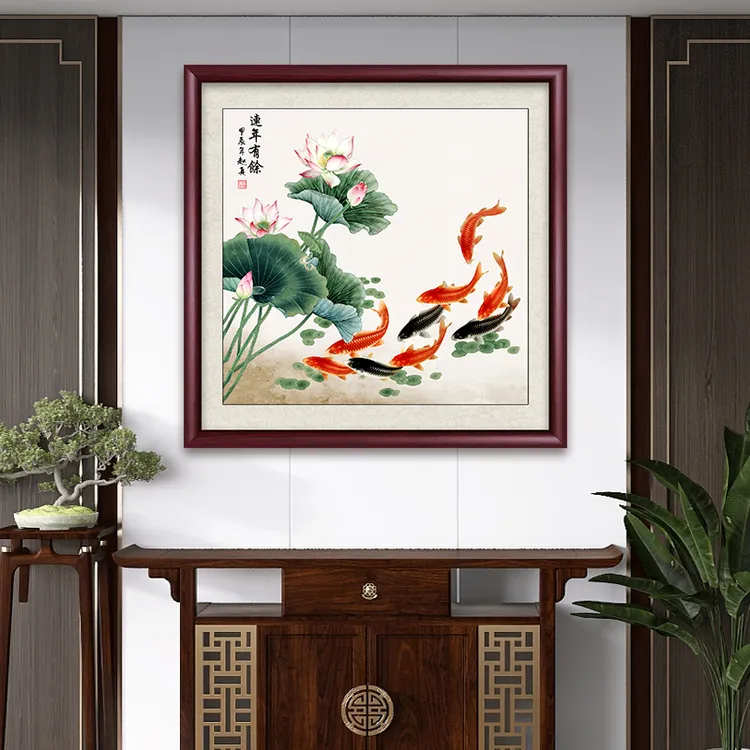 连年有余九鱼图鲤鱼荷花餐厅墙壁挂画新中式客厅装饰画背景墙壁画